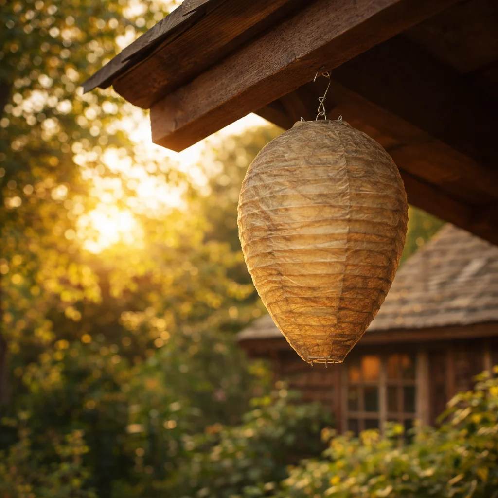 Asian giant hornet trap decoy nest hanging on a porch to deter hornets naturally