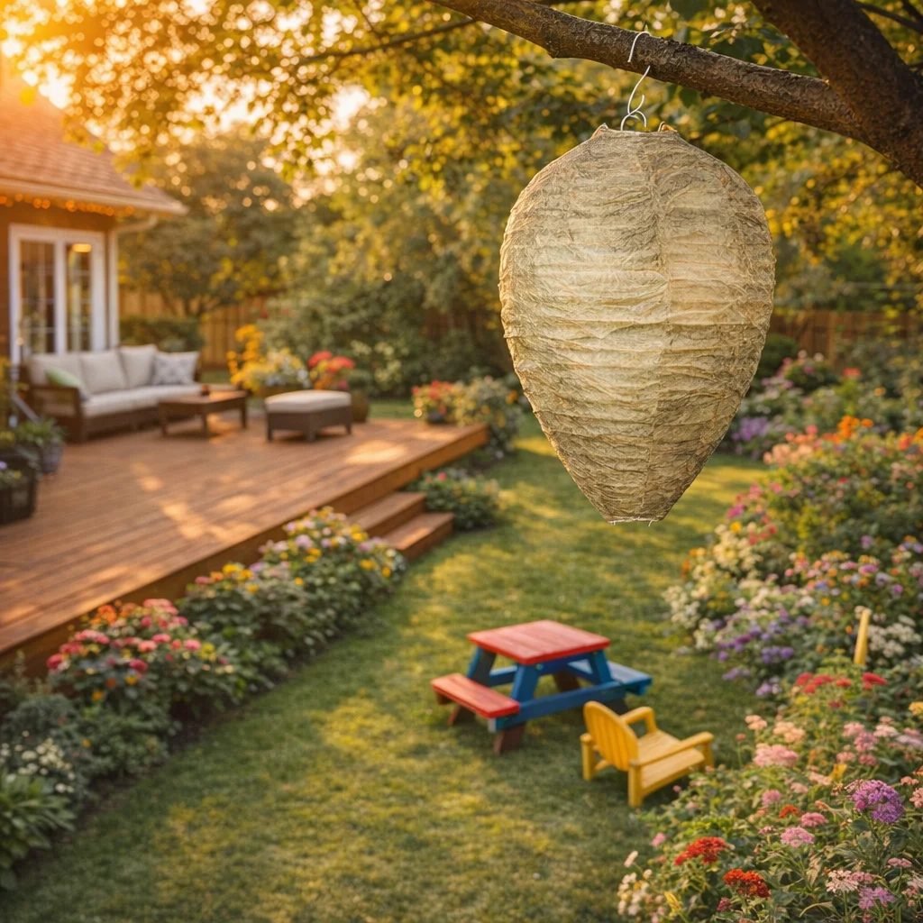Asian giant hornet decoy nest trap protecting a family backyard garden naturally