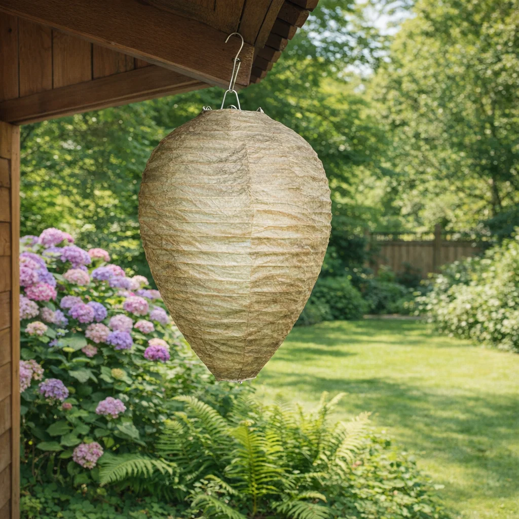 Asian giant hornet decoy nest trap hanging near garden shed as effective deterrent