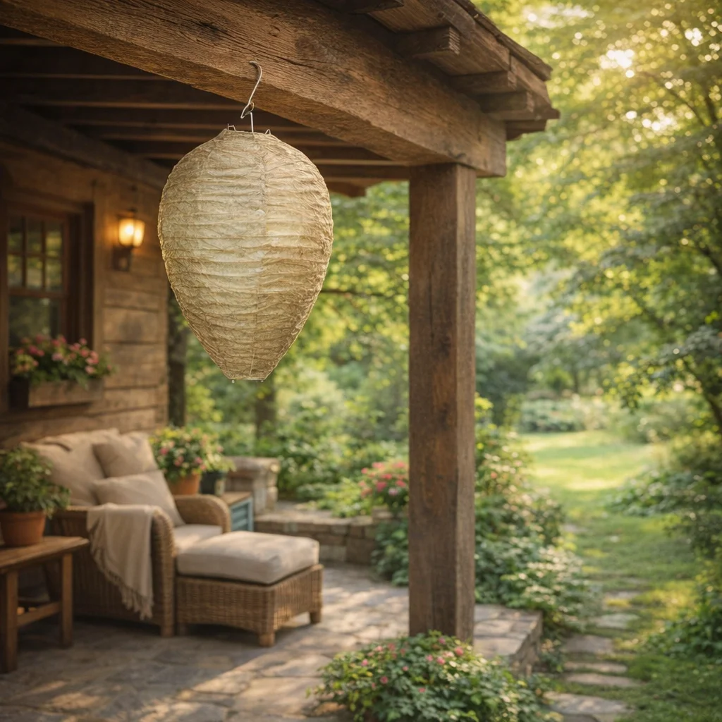 Asian giant hornet trap decoy nest hanging from porch for effective placement