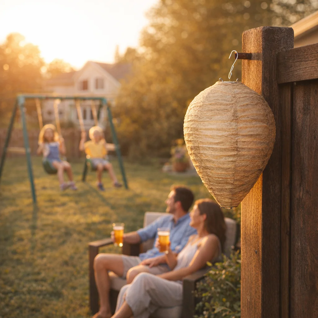 Asian giant hornet decoy nest keeping children safe in a family backyard