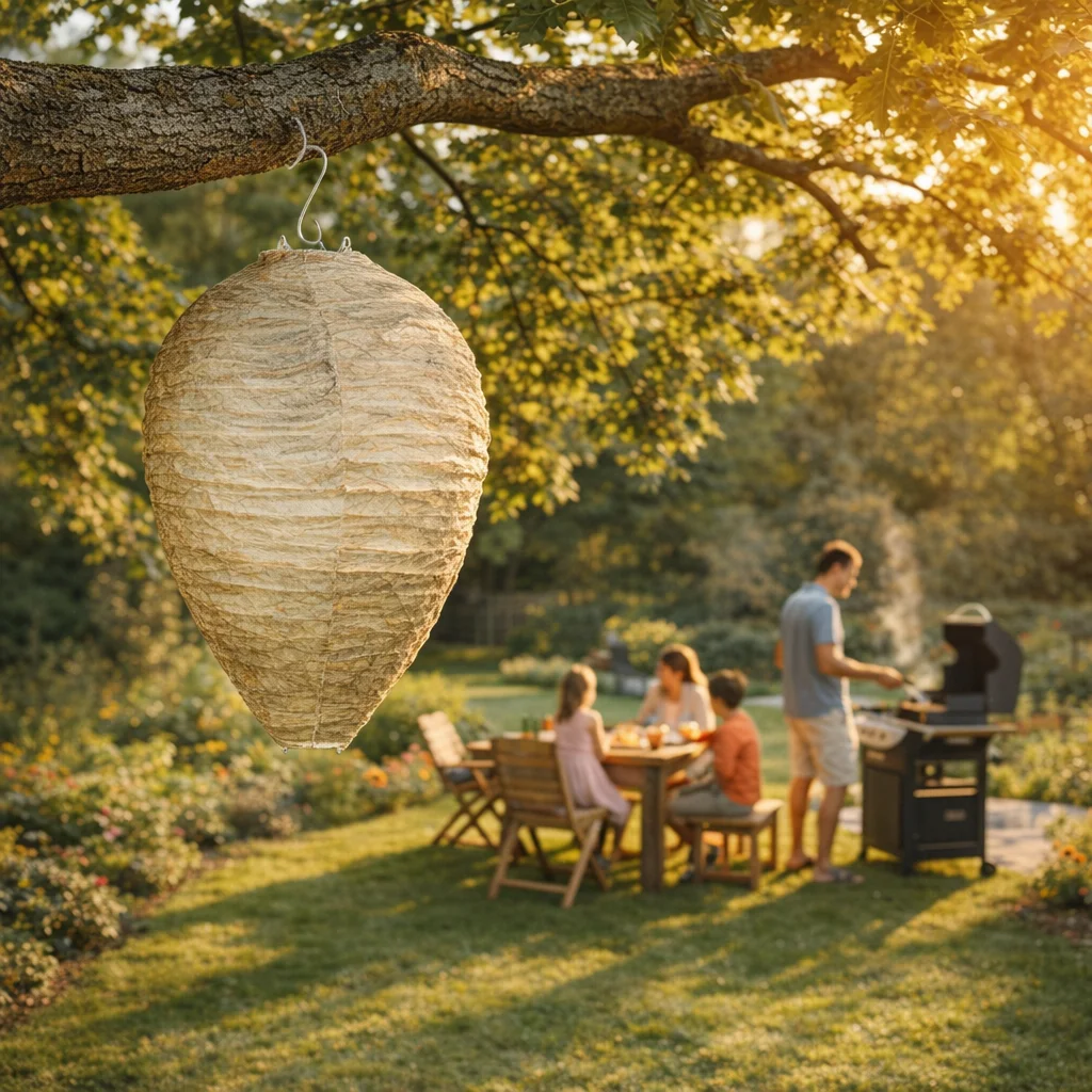 Asian giant hornet decoy nest protecting a family backyard from murder hornets